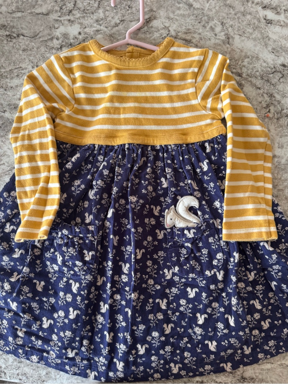 JoJo Maman Bebe Yellow Stripe Top with Navy Floral Skirt Dress